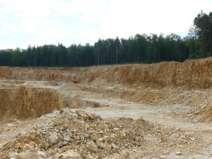 Kalksteinabbau für das Zementwerk Heidenheim an der Brenz Der Betrachter befindet sich auf der Abbaustufe eines Steinbruchs, in welchem gelblich-beiges, gebanktes und geklüftetes Gestein abgebaut wird. Im Hintergrund befindet sich dunkler Wald.