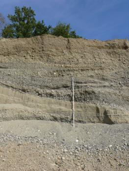 Deltaschüttungen in einer Abbauwand Blick auf eine hellgraue bis hellbraune Abbauwand einer Kiesgrube. Unterhalb der Bildmitte, von links nach rechts, verläuft in einem nach unten gerichteten Bogen eine glatte Schicht mit nur wenig Kies. Darunter sind Rutschungen erkennbar.