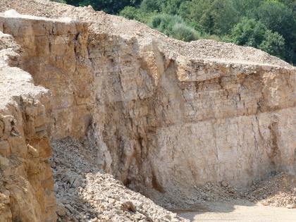 Gebankte Kalksteine der Hauptrogenstein-Formation Blick von der Seite auf eine Abbauwand aus gebankten, bräunlich-beigen Gesteinen. Im Hintergrund befindet sich Wald.