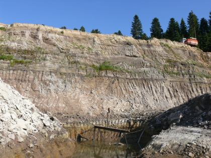 Abbauwand in der Sandgrube Gschwend Blick auf die Abbauwand einer Sandgrube mit senkrechten Einkerbungen unten sowie in der Mitte der Wand. Links und rechts erheben sich Schutthügel. Am Fuß der Wand steht Wasser.