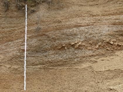 Lagen aus „Albschutt“ mit unterschiedlichen Korngrößen Teilansicht einer Kiesgrube. In der rötlich braunen Abbauwand, innerhalb einer ovalen Linse, liegen Schutt und größere Steine an.