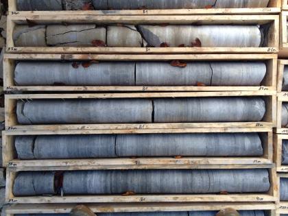 Mittel- bis dunkelgraue, monotone Mergelkalksteine. Mittel- bis dunkelgraue, monotone Mergelkalksteine.