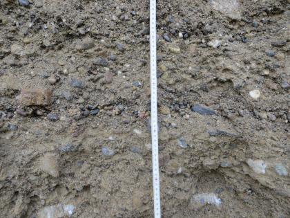 Detailaufnahme der Illmensee-Schotter Detailaufnahme von Kies und Schotter in feuchtem Erdreich. Ein mittig angebrachter Maßstab zeigt die Größenverhältnisse an.