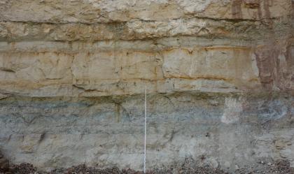 Sandsteinbänke im Westen des Steinbruchs Kernen-Stetten im Remstal Blick auf eine Steinbruchwand mit verschiedenen Lagen. Die unterste Lage ist grau mit bläulichen Streifen. Die mittlere und oberste Lage ist jeweils hellbraun bis grau mit orangen Streifen und rötlichen Flecken. Die dritte Lage ist zudem dünner gebankt.