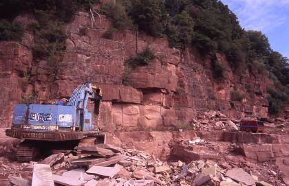 Weitständig geklüftete Sandsteine Blick auf eine mehrere Meter hohe Abbauwand eines Steinbruchs. Das Gestein ist hellrötlich, dickbankig und weitständig geklüftet. Links im Vordergrund befindet sich ein blauer Bagger. Vor der Wand liegen einige Blöcke, über der Wand wachsen Büsche.