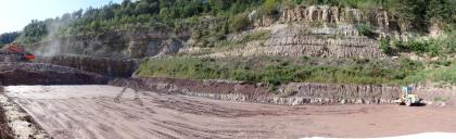 Übersichtsaufnahme vom nördlichen Teil des Steinbruches Kernen-Stetten Panoramabild eines Steinbruches. Zu sehen sind mehrere, zum Teil stark bewachsene, Stufen. Im Vordergrund festgefahrene Erde. Links hinten sind noch zwei Bagger im Einsatz.