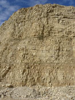 Wohlgeschichtete Bankkalksteine mit Mergelsteinfugen Blick auf eine sehr hohe Abbauwand eines Steinbruchs aus hellem, gleichmäßig gebanktem und geklüftetem Gestein. Zwischen den einzelnen Bänken befinden sich Fugen aus etwas dunklerem Material.