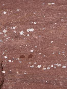 Anschnitt eines Sandsteins im Steinbruch am Langauweg Nahaufnahme eines intensiv roten, geröllführenden Sandsteins. Das Gestein weist horizontal verlaufende Schichten aus hellrotem und dunkelrotem Gestein auf. Die Gerölle sind rundlich und meist hell.