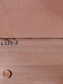 Gesteinsplatten von Rotem Mainsandstein aus dem Oberen Buntsandstein Nahaufnahme zweier rötlicher Gesteinsplatten. Die obere ist einheitlich gefärbt, die untere weist feine helle und dunklere waagrechte Streifen auf. Links unten liegt eine Cent-Münze.