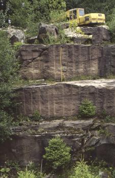 Blick auf eine dreifach abgestufte, graubraune Steinbruchwand. Zwischen und an den Rändern der Stufen ist Bewuchs erkennbar. Auf der obersten Stufe liegen einzelne Felsbrocken. Auch ein gelber Bagger ist oben rechts zu sehen.