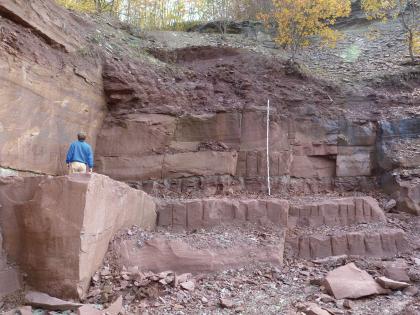 Rote, bankige bis dickbankige Feinsandsteine im Steinbruch Tiefenbronn bei Mühlhausen Zu sehen ist ein Teil eines rötlich gefärbten Steinbruches mit treppenartigem Aufbau. Links am Rand steht eine glatte hohe Wand sowie ein davor lagernder Steinblock an. Ein Mensch steht auf diesem Block. In der Bildmitte ist eine Messlatte angelehnt.