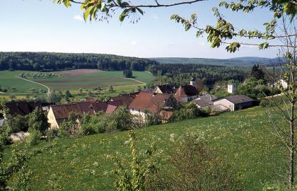Blick vom Steinbruch in südliche Richtung mit typisch flachwelliger Landschaft Hangabwärts geht der Blick über eine Wiese und die nahen Dächer einer Ortschaft. Im Hintergrund ist eine flachwellige, leicht ansteigende Landschaft mit Feldern und Wiesen erkennbar; dahinter folgen ausgedehnte Waldstreifen.