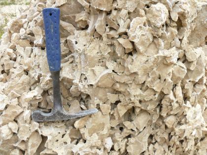 Durch Kalkverkittung verfestigter, druckfester, brekzienartiger „Albschutt“ Großaufnahme von unregelmäßig geformtem, hellbraunem Gesteinsschutt. Ein Hammer links dient als Größenvergleich.