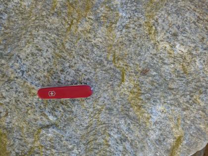 Paragneis mit lagigen Strukturen Nahaufnahme eines Gesteins mit lagigen Strukturen aus hellen und dunklen Mineralaggregaten. Das Gestein ist teilweise grünlich angewittert. Auf dem Gestein liegt in der Bildmitte ein rotes Taschenmesser.