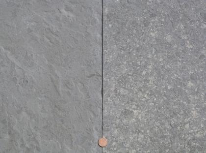 Beispielplatten Posidonienschiefer, Steinbruch Ohmden Blick auf zwei Gesteinsplatten mit Fossilspuren, links einheitlich grau, rechts mit helleren Flecken. Unten in der Mitte befindet sich eine Münze als Maßstab.