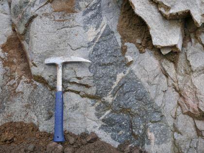 Restite in Gneisgrundmasse Nahaufnahme eines hellgrauen Gesteins, in welches in der Bildmitte dunkleres Gestein eingeschlossen ist. Der dunkelgraue Einschluss ist länglich und unförmig. In den Klüften des Gesteins befindet sich braune Erde. Links liegt ein Hammer.