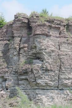 Felsengips (unten) und Plattengips (oben) Blick auf eine weißlich graue, von Rissen und Nischen durchzogene Steinbruchwand. Der Sockel der Wand besteht aus gröberen Blöcken; nach oben hin sind die Lagen plattig. Unter der bewachsenen Kuppe sind Rottöne erkennbar.