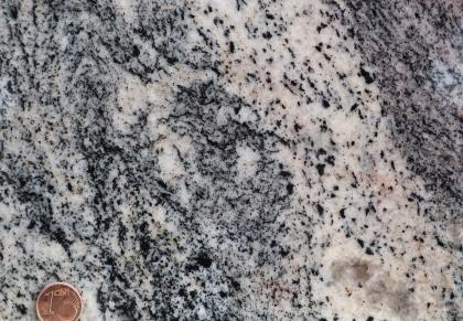 Orthogneis bzw. Flasergneis, Steinbruch Baiersbronn-Renchen Nahaufnahme einer streifigen und gepunkteten Gesteinsoberfläche. Die Farbskala reicht von schwarzgrau bis rosa. Unten links dient eine Cent-Münze als Größenvergleich.