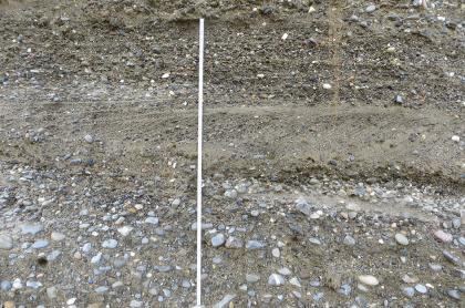 Schräggeschichtete sandige Kiese mit Sandlagen in der Abbauwand der Kiesgrube Ingoldingen Teilansicht einer Gesteinswand mit (von oben): feinem Kies, eingebettet in Sand, einer glattgestrichenen Schicht sowie gröberem Kies, der ebenfalls von Sand umlagert ist. Links ist ein Zollstock angelehnt.