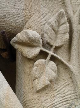 Halbrelief aus gelbem Freudenbacher Sandstein Nahaufnahme einer Steinmetzarbeit aus hellem Gestein. Dargestellt ist ein schmaler Zweig mit drei Blättern.