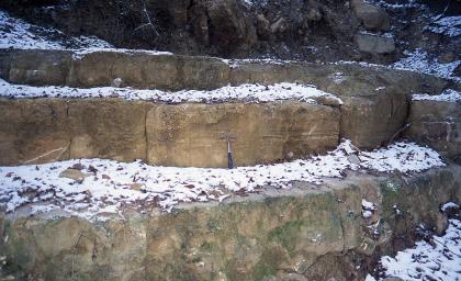 Kalksandsteinbänke der Oberen Werksteinzone nach der Freilegung im Jahr 2008 Blick auf drei treppenartig aufgebaute Gesteinsbänke. Das Gestein ist dunkelgrau und teilweise von Schnee bedeckt. Ein Hammer in der Bildmitte dient als Größenvergleich.