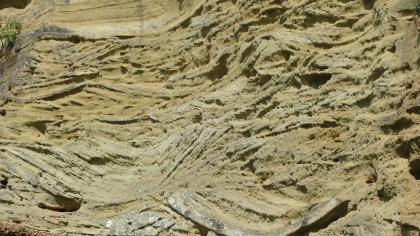 Alter Sandsteinbruch in der Oberen Meeresmolasse bei Pfullendorf. Nahaufnahme Teilansicht einer grünlich grauen Steinbruchwand, mit wellenförmigen Furchen und Wölbungen sowie kleineren Hohlräumen.