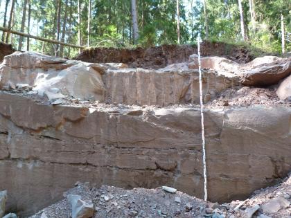 Abbauwand des Schilfsandsteins Das Bild zeigt eine hellviolette Abbauwand mit von oben dickbankiger und unten dünnbankiger Schilfsandstein aus dem Steinbruch Sulz am Neckar-Renfrizhausen.
