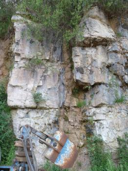 Abbauwand im Stbr. am Katzenkopf bei Kernen im Remstal-Stetten Teilansicht einer hohen Steinbruchwand mit grauem und geklüftetem, in der Bildmitte senkrecht abfließendem braunen Gestein. Fuß und Kuppe des Gesteins sind bewachsen. Unten links ist eine Baggerschaufel erkennbar.