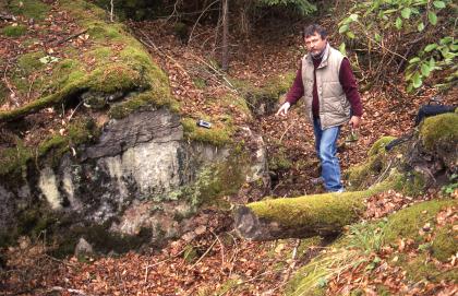 Aufschluss im Waldgebiet Oberer Neubronn, Hinweis auf ehemaligen Abbau Das Bild zeigt einen kleinen Gesteinsaufschluss an einem Waldhang. Das Gestein ist stark bemoost und von abgefallenem Laub umringt. Rechts deutet ein Mann auf den Aufschluss.