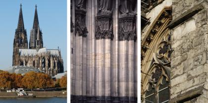Teile des Kölner Doms wurden aus Stubensandstein errichtet Das Foto zeigt drei Ansichten des Kölner Doms: Links eine Gesamtansicht mit Querschiff und den zwei Haupttürmen, mittig rötlich graue Steinsäulen mit dunkleren Sockelsteinen und Figuren sowie rechts die Nahaufnahme eines grünlichen Stützpfeilers.