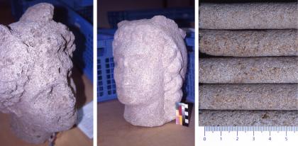 Zahlreichen Statuen aus Stubensandstein aus dem römischen Heiligtum von Rohrdorf Dreigeteiltes Foto mit zwei rötlich grauen Steinköpfen links und mittig. Rechts sind Bohrkerne übereinander gestapelt.