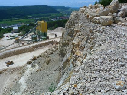 Blick über den Steinbruch Geisingen mit Förderanlage Blick von erhöhtem Standpunkt über einen Steinburch und dessen Förderanlage. Die rechte vordere Bildhälfte wird von einer Abbauwand eingenommen, im Hintergrund sind bewaldete Hügel zu sehen.