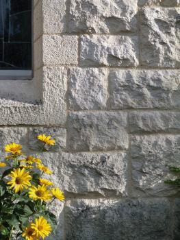 Kirche St. Bonifatius in Schnaitheim Teilansicht einer Gebäudefassade mit weißlich grauem Mauerwerk. Links oben ist ein Fenster mit Metalleinfassung angeschnitten, links unten ragen gelbe Blumen ins Bild.