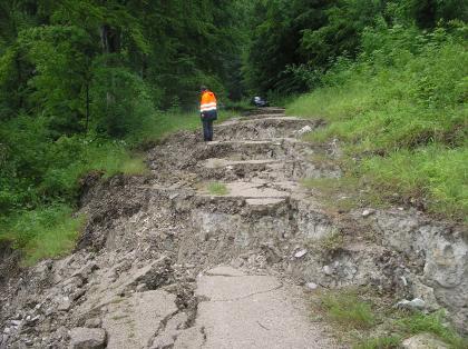 Zerlegte Rutschmasse mit abgerutschtem Wirtschaftsweg Das Bild zeigt einen auf den Betrachter zulaufenden, befestigten Wirtschaftsweg, dessen Oberfläche in viele kleinere und größere Stufen zerbrochen ist. Im Vordergrund ist die Abbruchstelle am tiefsten; links sind Schollen seitlich weggerutscht.