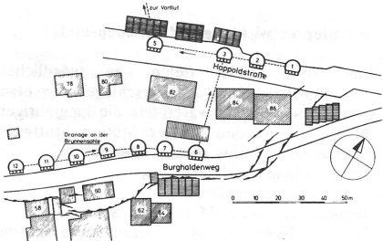 Anordnung der Brunnen (Grafik: Wichter et al., 1991) Schwarzweiße Grafik einer Siedlung (Ausschnitt). Eingezeichnet sind hier zusätzlich mehrere Brunnen.