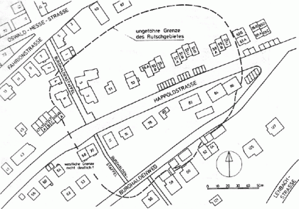 Schwarzweiße Grafik einer Siedlung, eingezeichnet ist hier zusätzlich ein Rutschungsgebiet innerhalb der Siedlung.