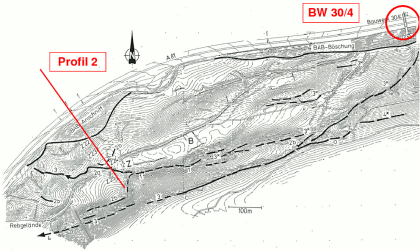 Übersicht mit Abrisskanten sowie Messprofillage und beschädigtem Überführungsbauwerk (Grafik: Brodbeck, 2010) Schwarzweißer Kartenausschnitt entlang der Autobahn 81 mit modellierten Höhenlinien und Abrisskanten einer Hangrutschung. Ebenfalls eingetragen sind Messprofile und eine beschädigte Überführung.