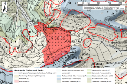 Geologische Rahmenbedingungen im Umfeld des Bergrutsches Das Bild zeigt die Umgebung des Bergrutsches mit farbig hervorgehobenen Flächen, die die einzelnen geologischen Einheiten symbolisieren.