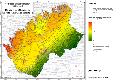 Basis des Oberjura-Kluft- und Karstgrundwasserleiters der Mittleren Alb Blick auf eine farbige Übersichtskarte zum Thema Basis des Oberjura-Karstgrundwasserleiters in der Hydrogeologischen Region Mittlere Alb.