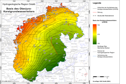 Basis des Oberjura-Kluft- und Karstgrundwasserleiters der Ostalb Blick auf eine mehrfarbige Übersichtskarte zum Thema Basis des Oberjura-Karstgrundwasserleiters in der Hydrogeologischen Region Ostalb.