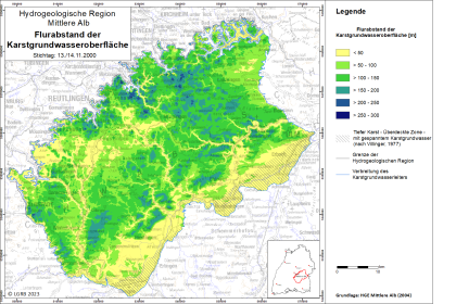 Grundwasserflurabstand der Karstwasseroberfläche auf der Mittleren Alb Blick auf eine farbige Übersichtskarte zum Thema Flurabstand der Karstgrundwasseroberfläche in der Hydrogeologischen Region Mittlere Alb.