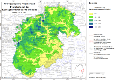 Grundwasserflurabstand der Karstgrundwasseroberfläche auf der Ostalb Blick auf eine farbige Übersichtskarte zum Thema Flurabstand der Karstgrundwasseroberfläche in der Hydrogeologischen Region Ostalb.