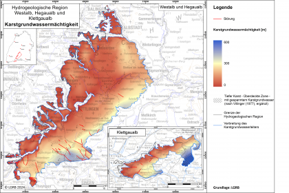 Karte der Grundwassermächtigkeit im Kluft- und Karstgrundwasserleiter der Hydrogeologischen Region Westalb, Hegaualb und Klettgaualb Blick auf eine mehrfarbige Übersichtskarte zum Thema Karstgrundwassermächtigkeit in der Hydrogeologischen Region Westalb, Hegaualb und Südlicher Klettgau.