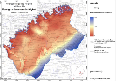 Karte der Grundwassermächtigkeit im Kluft- und Karstgrundwasserleiter der Mittleren Alb Blick auf eine farbige Übersichtskarte zum Thema Karstgrundwassermächtigkeit in der Hydrogeologischen Region Mittlere Alb.