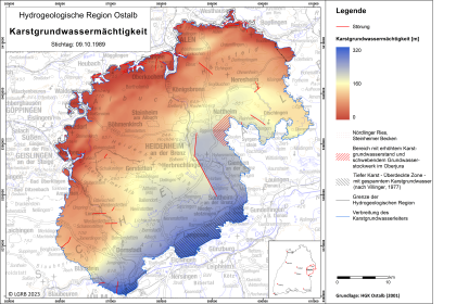 Karte der Grundwassermächtigkeit im Kluft- und Karstgrundwasserleiter der Ostalb Blick auf eine mehrfarbige Übersichtskarte zum Thema Karstgrundwassermächtigkeit in der Hydrogeologischen Region Ostalb.