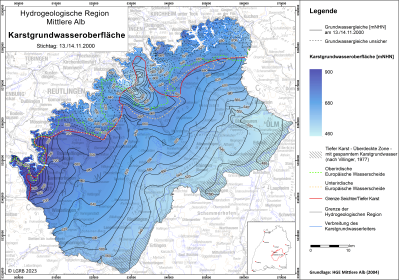 Blick auf eine farbige Übersichtskarte zum Thema Karstgrundwasseroberfläche in der Hydrogeologischen Region Mittlere Alb.