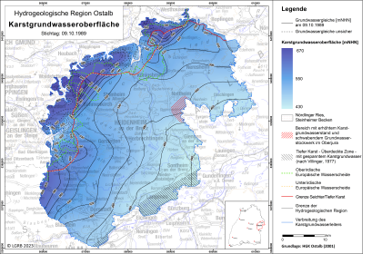 Blick auf eine farbige Übersichtskarte zum Thema Karstgrundwasseroberfläche in der Hydrogeologischen Region Ostalb.