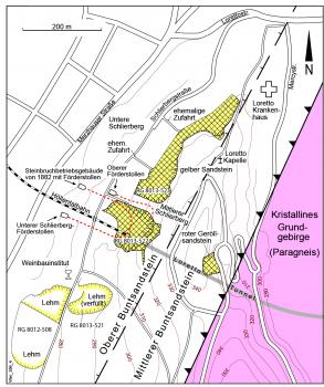 Karte der historischen Steinbrüche am westlichen Hang des Lorettobergs mit Verlauf der Störungen des Schwarzwaldrands Vereinfachte farbige Karte, die mehrere historische Steinbrüche am westlichen Hang des Lorettoberges in Freiburg zeigt.