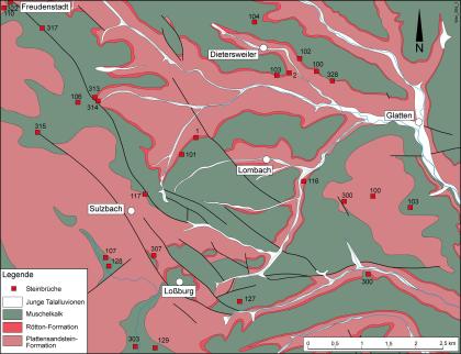 Geologische Übersichtskarte bei Freudenstadt Farbige Übersichtskarte mit betriebenen und stillgelegten Steinbrüchen; eingetragen als kleine rote Quadrate. Der Kartenausschnitt reicht von Freudenstadt links oben bis nach Loßburg und Glatten.