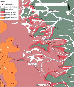 Geologische Karte der Region Sulgen östlich von Schramberg Blick auf eine geologische Karte der Region Sulgen mit der Lage von stillgelegten und betriebenen Steinbrüchen, dargestellt als kleine rote Quadrate.